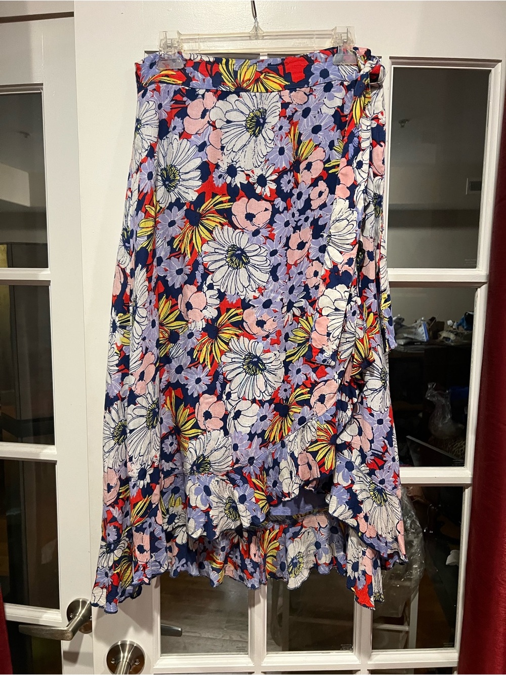 Pilcro Navy Floral High-Low Wrap Skirt with Pink, White & Yellow Flowers